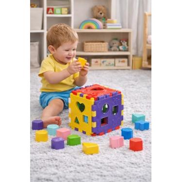 Imagem de Cubo Didático Educativo Infantil Grande 14x14cm – Bloco de Encaixe com Formas Coloridas, Brinquedo Pedagógico +12 Meses