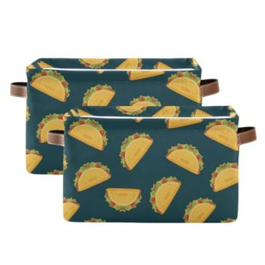 Imagem de Recipientes de armazenamento retangulares dobráveis – Cestas decorativas de tecido de lona para banheiro, roupas, lindos desenhos animados, tacos azul-petróleo, pacote com 2