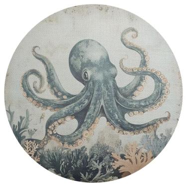 Imagem de Conjunto de 1 tapete de mesa vintage de polvo, lavável de 38 cm, jogo americano circular de PVC, para mesa de jantar, mesa de cozinha