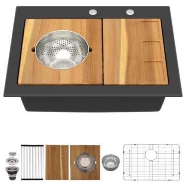 Imagem de Talllor Pia de cozinha composta de 30 granito - pias de cozinha de granito 76.2 cm x 56 cm Drop In Ledge Workstation Matte Black Quartz Topmount Over Counter Bowl Sink com acessórios de luxo #TLGT-121