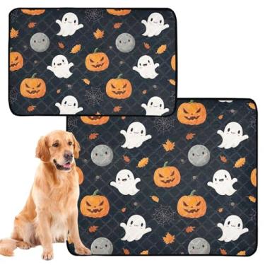 Imagem de Cute Ghosts Pumpkins Almofadas laváveis de Halloween para cães, reutilizáveis, para animais de estimação, tapete impermeável para gaiola de cachorro, almofadas absorventes fofas para cães, médio +