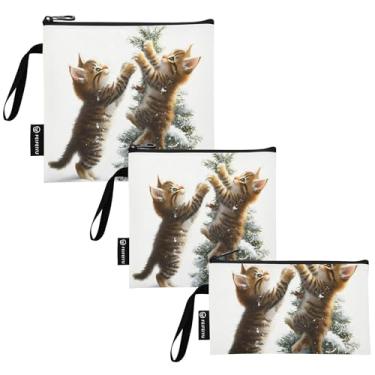 Imagem de Lindos sacos de lanche e sanduíche laváveis para gatos vívidos para árvore de Natal reutilizáveis, sacos de comida com zíper para viagens, trabalho, escola, escritório (conjunto de 3: P/M/G)