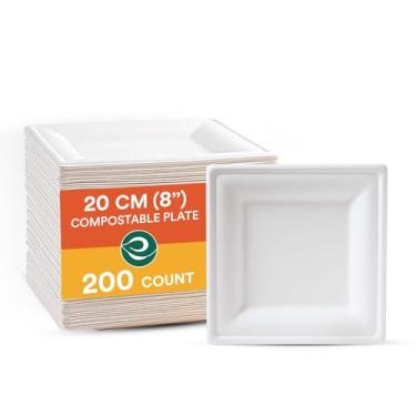 Imagem de ECO SOUL Pratos de papel quadrados de 20 cm branco pérola [pacote com 200] (livre de PFAS) | Bagaço descartável 100% compostável I Pratos de jantar ecológicos resistentes I Pratos ecológicos de cana de açúcar biodegradáveis