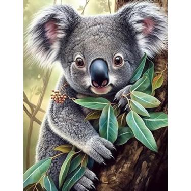 Imagem de Kits de arte de diamante para adultos urso coala segurando uma árvore folhas de eucalipto (2) 5D DIY pedra redonda strass arte artesanato pinturas para decoração de parede de casa 11,7 x 15,8
