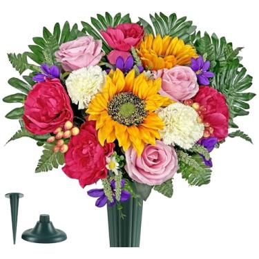 Imagem de Naramiji Flor de cemitério de seda para lápide, girassol artificial rosa hibisco margarida