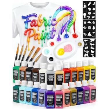 Imagem de Conjunto de tinta de tecido - permanente e seguro para lavagem, 24 cores vibrantes, em frascos (60 ml), tinta de tecido não tóxica certificada com pincéis e estênceis, tinta têxtil para roupas