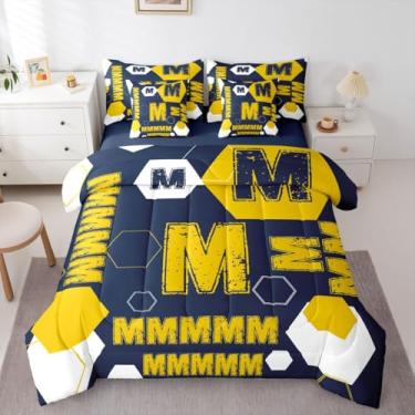 Imagem de Feelyou Conjunto de edredom com letra A, 7 peças, solteiro, estilo time de futebol de rúgbi, para crianças, meninos, meninas, alfabeto, números, azul-marinho, microfibra leve e macia