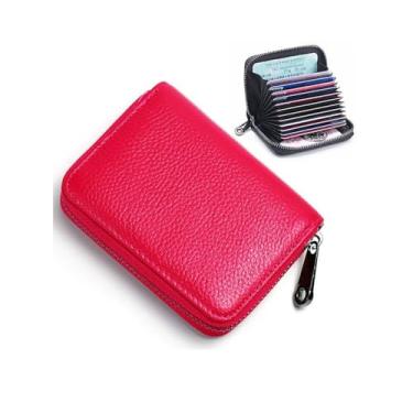 Imagem de Carteira de cartão de crédito, porta-cartões com zíper para homens e mulheres, bloqueio de RFID, carteira com chaveiro, Vermelho