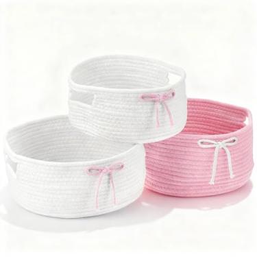 Imagem de Meyeyaia 3 peças cesto de roupa suja com laço de coquete cesta de armazenamento de corda de algodão cesta de tecido rosa redonda para casa, quarto, dormitórios, escritório, berçário, organização