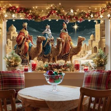 Imagem de HOMETITUTE Janela de procissão Three Kings Camel 100 x 43 cm Janela estática Desert City Painel de vidro para exibição de festas de fim de ano para decoração sazonal de igreja doméstica