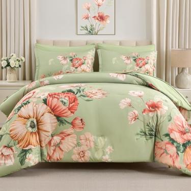 Imagem de LLDSYW Conjunto de edredom Queen com 7 peças de cama em uma bolsa, floral, verde, com lençóis, microfibra macia, para todas as estações (verde, 228 x 228 cm)