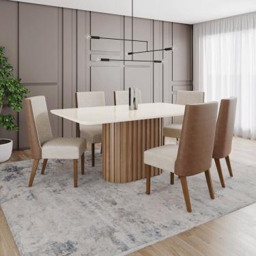 Imagem de Conjunto Mesa Solana 160cm com Vidro 06 Cadeiras Anne Marrom/Off White/Caramelo