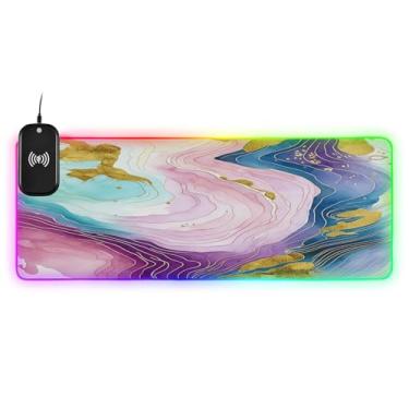 Imagem de CEBUGI Mouse pad de carregamento sem fio de fundo abstrato 15W mouse pad rápido para jogos com 14 iluminação LED RGB para jogos, PC, laptop, mesa 80 x 30 cm