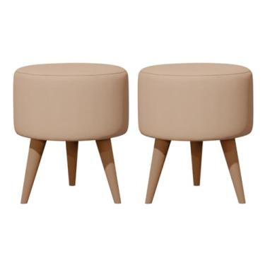 Imagem de Puff Redondo com Pés de Madeira, Conjunto de 2, Estofado em Tecido Bege, Banqueta Moderna (02 AREIA)
