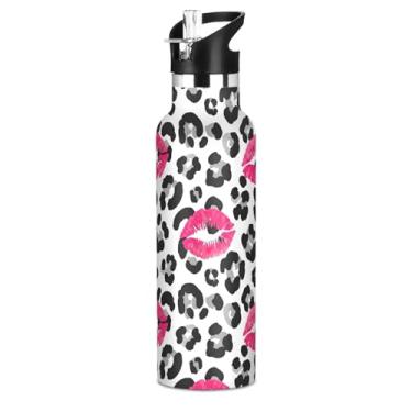 Imagem de Joisal Garrafas de água isoladas de aço inoxidável de 590 ml com tampa de canudo para bebidas frias ou quentes, preto cinza leopardo rosa lábios livres de BPA, copos infantis para meninos e meninas