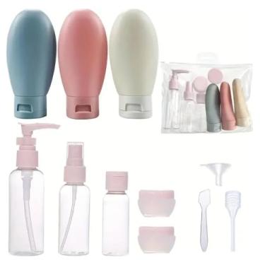Imagem de Kit de Viagem Premium 11 Peças Frascos Recarregaveis e Reutilizáveis Para Shampoo Condicionador Sabonete Creme Alcool em Gel Maquiagem e Cosmeticos Geral Voo Nacional e Internacional- Cores Sortidas