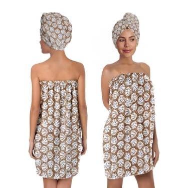 Imagem de TURTLEDOVE Conjunto de envoltório de banho de conchas pequenas com turbante de cabelo, envoltório de toalha de spa de microfibra absorvente, roupão de toalha de concha do mar para mulheres