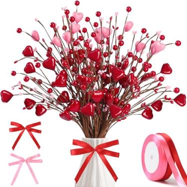 Imagem de Presentes de Dia dos Namorados, 12 peças de palitos de baga em forma de coração artificial vermelho ramo de galho de baga com 2 rolos de fita rosa para o dia dos namorados, buquês de flores, casamento