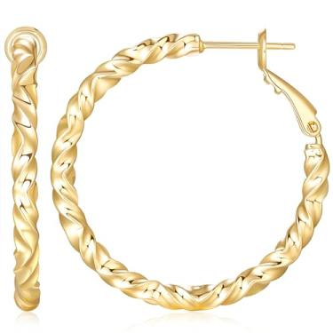 Imagem de TECYOW Brincos de argola banhados a ouro 14k para mulheres, brincos banhados a ouro 14 k na moda, macio, textura ondulada, grande e fino, brinco de argola 35 mm