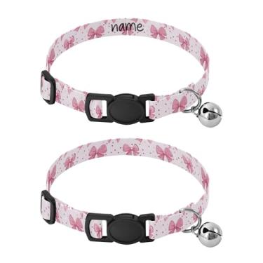 Imagem de SEHANY Conjunto de 2 coleiras de cachorro com laço rosa fofo, fivela de plástico resistente, leve, macia e leve, com sino pequeno, coleiras personalizadas com nome de animal de estimação para meninos