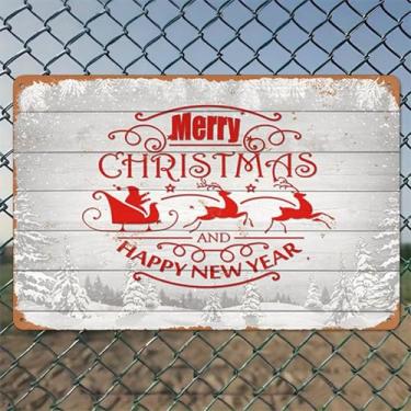 Imagem de Placa de Feliz Natal e Feliz Ano Novo Decorações de Natal Arte de Parede de Alumínio Rústico e Placa de Metal - 20 x 30 cm Decoração Vintage Interior Exterior para Casa, Escritório, Café, Quintal e