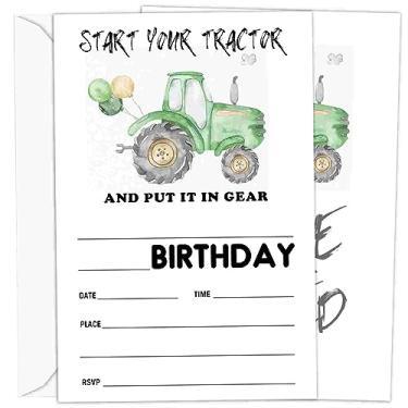 Imagem de Convites de aniversário com envelopes para menino, festa de aniversário de carro trator verde, tema de veículos agrícolas de 1º aniversário, convite de aniversário, conjunto com 20