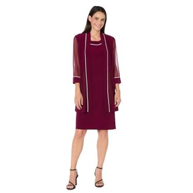 Imagem de R&M Richards Conjunto de vestido feminino de 2 peças na altura do joelho com jaqueta transparente com manga 3/4 enfeitada - roupa formal para coquetéis, Merlot, 52
