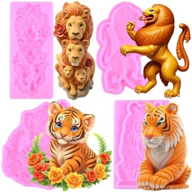 Imagem de MIYAHOUSE Moldes de silicone para fondant de leão e tigre para decoração de bolos, topo de cupcake, pasta de goma de chocolate, argila de polímero, conjunto de 4