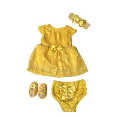 Imagem de Kit Vestido Calcinha Sapatinho Laço Roupa Bebe 0-6 meses 4pc - Lala Lu