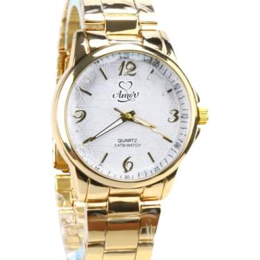 Imagem de Relógio Feminino Dourado Aço Inoxidável Analógico + Colar Banhado Pingente Coração Luxo