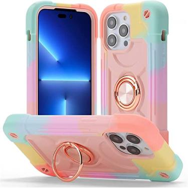 Imagem de KAPPDE Capa para iPhone 14/14 Plus/14 Pro/14 Pro Max, capa protetora anticolisão antiqueda de quatro cantos, com suporte de anel, capa de celular multicolorida fresca e elegante (cor: rosa azul