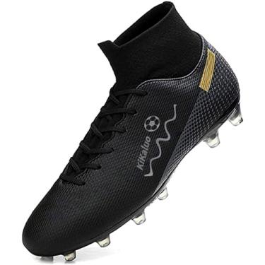 Imagem de Kikaluo Chuteiras de futebol masculinas chuteiras de futebol cano alto com cadarço antiderrapante Spikes tênis esportivo de beisebol lacrosse, Preto-1150l, 38