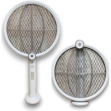 Imagem de Raquete Elétrica Mata Mosquitos e insetos 2 em 1 com Armadilha UV, Recarregável USB, Dobrável, Com Base de Mesa, Luz LED Roxa, 3000V, Bivolt