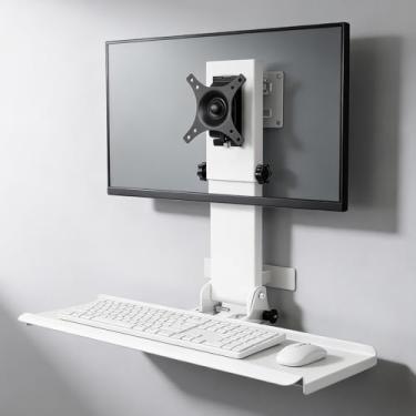 Imagem de Estação de trabalho de computador de montagem na parede, suporte de parede para monitor com bandeja de teclado dobrável de 66 cm e espaço para mouse, serve para telas de 17 a 32 polegadas, mesa de aço