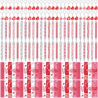 Imagem de AmazingSpark Conjunto de 150 peças para presente de dia dos namorados, 50 canetas esferográficas, 50 chaveiros de coração, 50 cartões comemorativos, lembrancinhas de festa para troca de dia dos