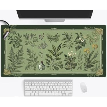 Imagem de Tapete de mesa verde botânico floral vintage folhas estético XXL grande mouse pad estendido para jogos gamer trabalho escritório computador tapete de mesa mousepad laptop teclado tapete de mesa 90,9 x