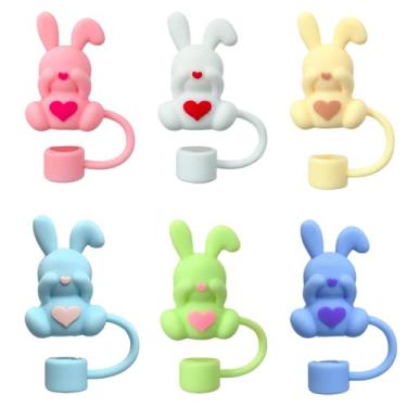 Imagem de 6 peças de tampas de cobertura de palha de páscoa bonito 3D Coelho topo de canudo de silicone reutilizável 10 mm tampas de ponta para 30 copos de 1,134 g acessórios de copo festivo de primavera
