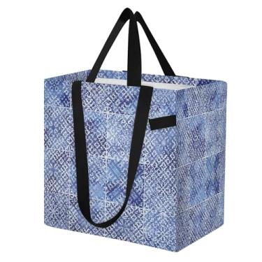 Imagem de SEHANY Sacolas de compras reutilizáveis de porcelana azul e branca com alças reforçadas, bolsa de compras de lona dobrável à prova d'água de grande capacidade para viagem, cozinha, praia