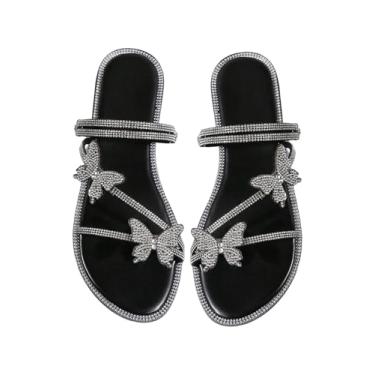 Imagem de OYOANGLE Sandálias femininas de couro PU com strass borboleta com tiras planas e bico aberto elegantes sandálias deslizantes, Preto e prata, 38