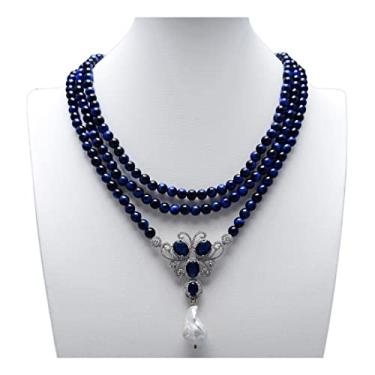 Imagem de DWBPGVUN Joias 3 fios azul redondo olho de tigre gargantilha colar com pingente de pérola barroca pave 43 cm para mulheres