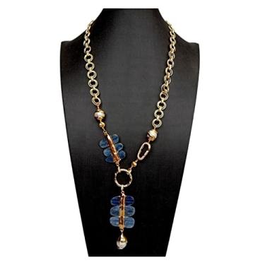 Imagem de DWBPGVUN Colar de corrente banhada a ouro cianita azul keshi branco cultivado em água doce, 63,5 cm