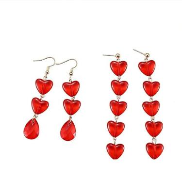 Imagem de Brincos femininos com pingente de coração de amor, exclusivo, leve, geométrico, três e cinco corações vermelhos, joias e presentes, Medium, Liga de aço, Zircônia cúbica