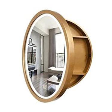 Imagem de U5GAAALPPQ9 Armário redondo de espelho de banheiro, armário organizador de armazenamento de moldura de madeira montado na parede, armário de remédios com 3 prateleiras, armário de espelho de vaidade