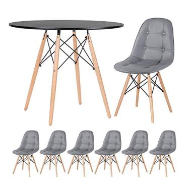 Imagem de Loft7, Kit Mesa Redonda Eames 90 cm Preto + 6 Cadeiras Eames Botonê, PU sintético, Aço e Madeira, Escritório, Sala de Estar e Sala de Jantar - Cinza Escuro