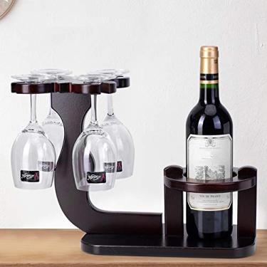 Imagem de Rack de vinho de mesa de madeira comporta 4 copos e 1 garrafa, suporte independente para copos de bancada e suporte para garrafas, marrom escuro (marrom D 1 garrafa + 6 copos)