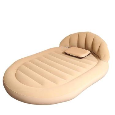 Imagem de HUHUCASE Colchão inflável, portátil ao ar livre, cama de flocagem grossa de solteiro e duplo com encosto para acampamento e colchão inflável em casa (off-white)