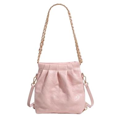 Imagem de XinYiQu Bolsa feminina fashion com alça de corrente, bolsa tiracolo de couro PU, bolsa acolchoada, rosa