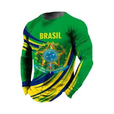 Imagem de Camiseta Masculina Retro Com Estampa 3D Da Bandeira Do Brasil, Manga L