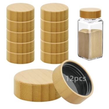 Imagem de 12 tampas de bambu para potes quadrados de 113 g e 170 g reutilizáveis para armazenamento hermético de especiarias para cozinha (12)