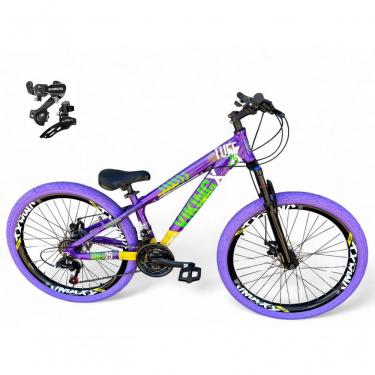 Imagem de Bicicleta Aro 26 Vikingx Tuff Câmbios Shimano 21v Freeride Freio A Disco Aro Vmaxx Pneu Flame Roxo-amarelo-Verde X25